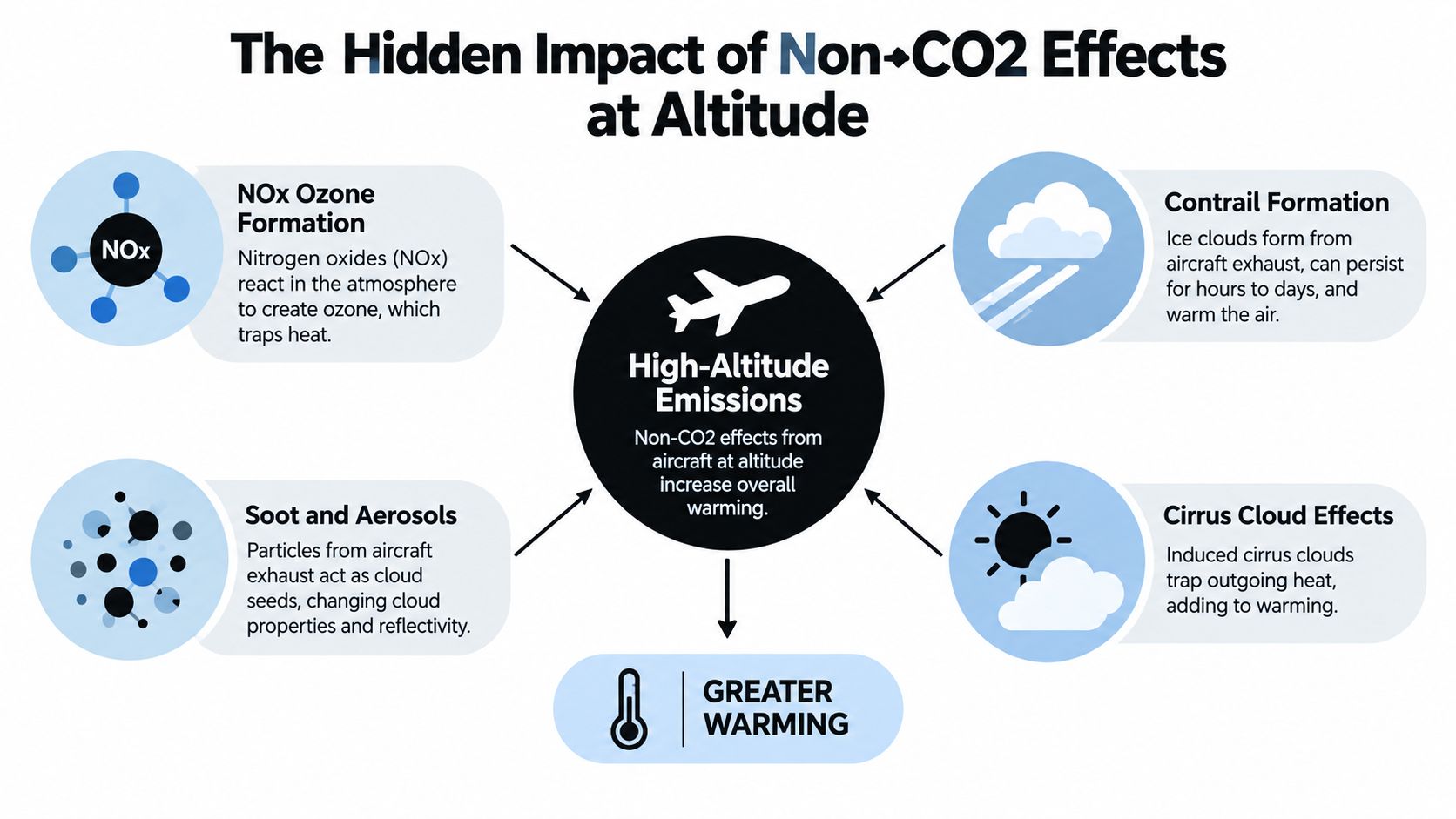 An infographic showing how high-altitude aircraft emissions like NOx, soot, and contrails contribute to global warming.