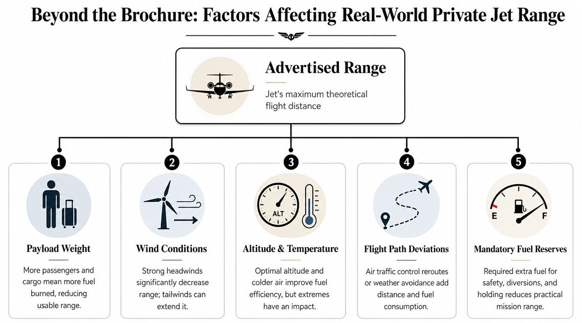 An infographic detailing five factors that affect the real-world flight range of private jets beyond advertised figures.