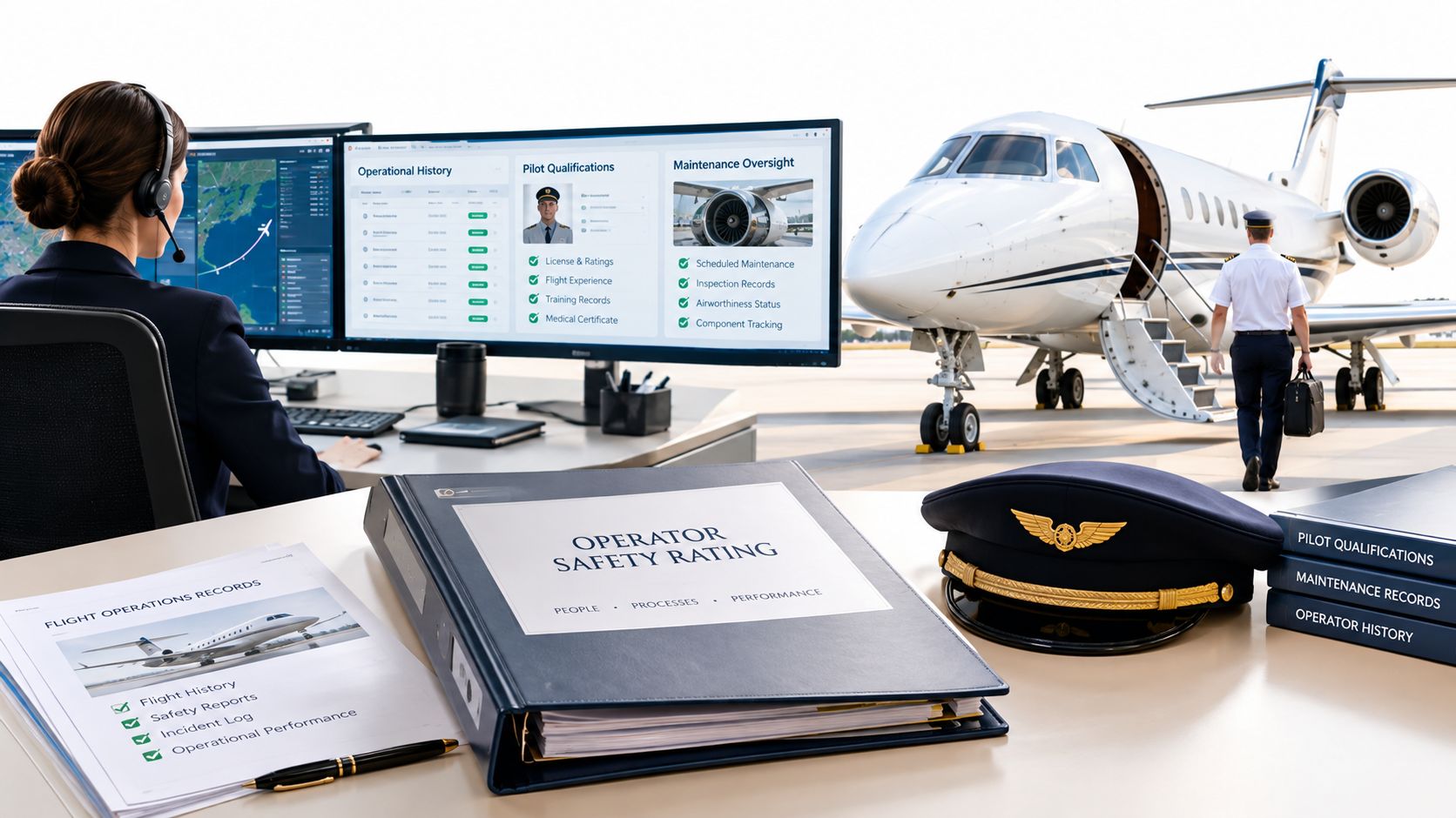 A flight dispatcher monitors aviation operations with a pilot boarding a private jet in the background.