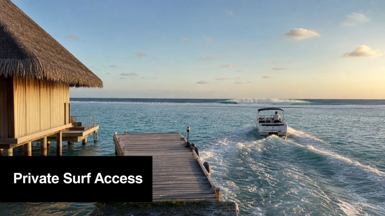 A small boat speeds away from a wooden pier next to a thatched overwater bungalow at sunset.