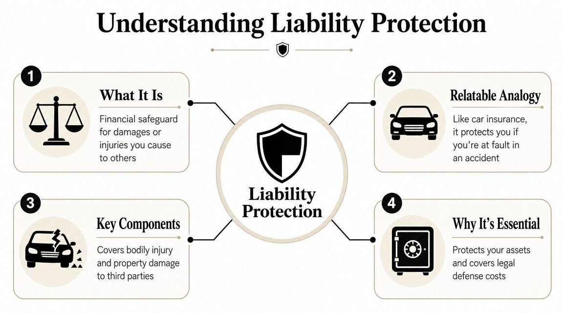 An infographic titled Understanding Liability Protection explaining the definition, analogy, key components, and importance of coverage.