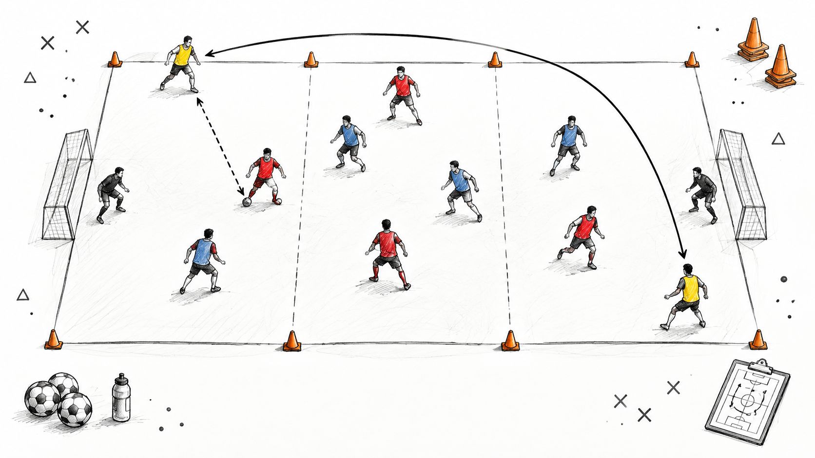 A digital illustration showing a tactical soccer drill with players in red, blue, and yellow jerseys on a field.