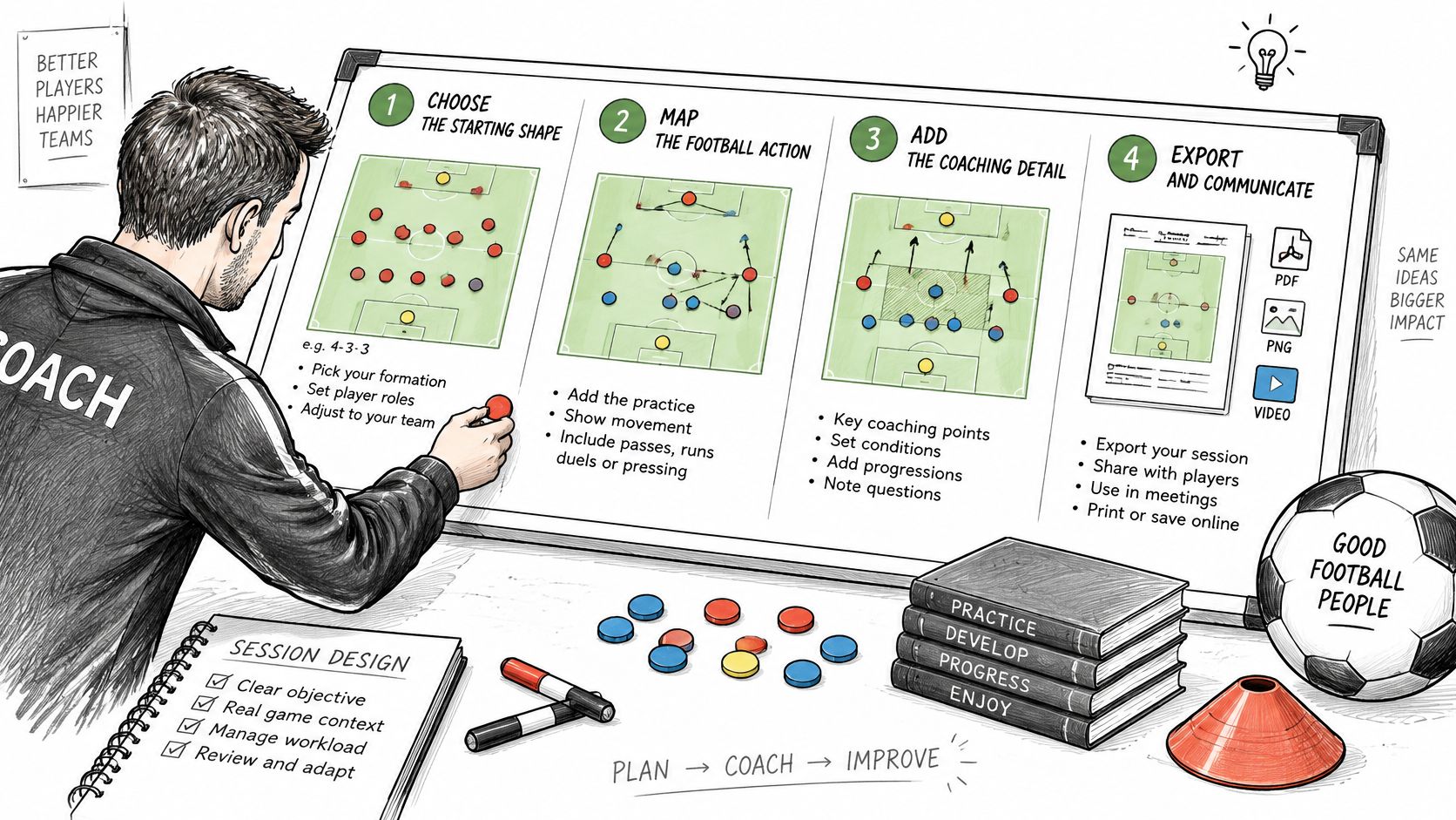 A football coach plans a soccer training session using a whiteboard, tactical diagrams, and session design notes.