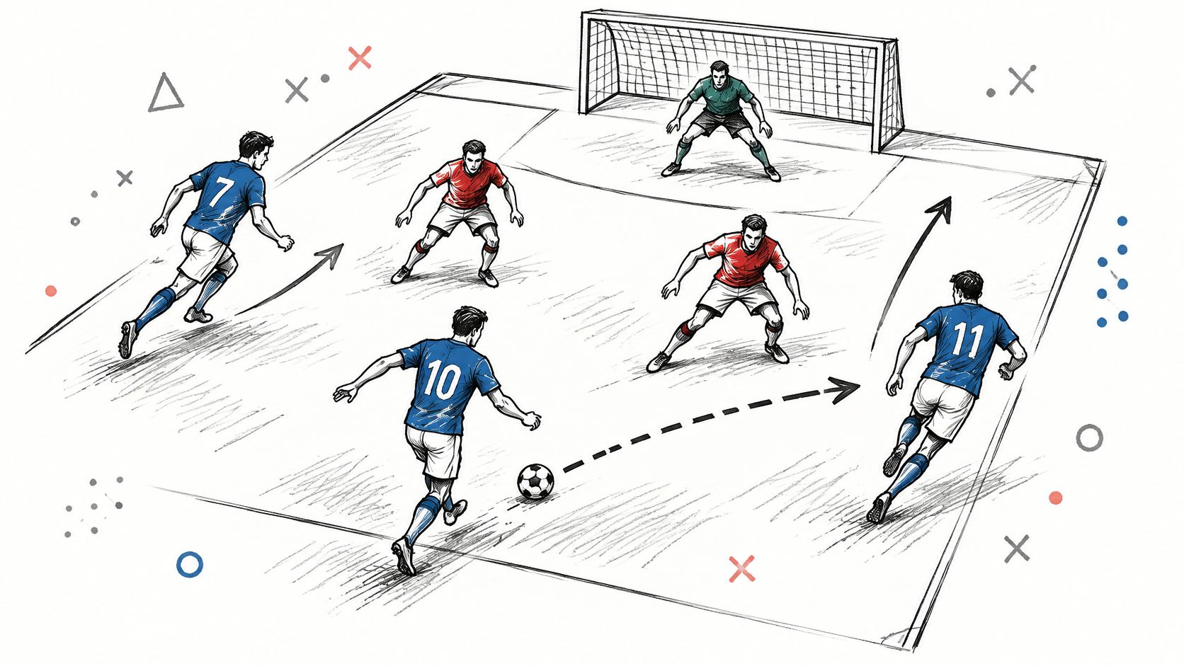 A digital illustration showing a small sided football game with players passing and moving towards goal