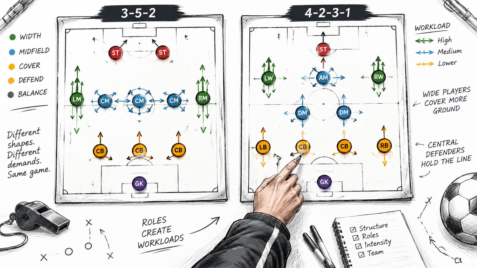 A diagram comparing 3-5-2 and 4-2-3-1 football formations, showing player roles, workload levels, and tactical positioning.