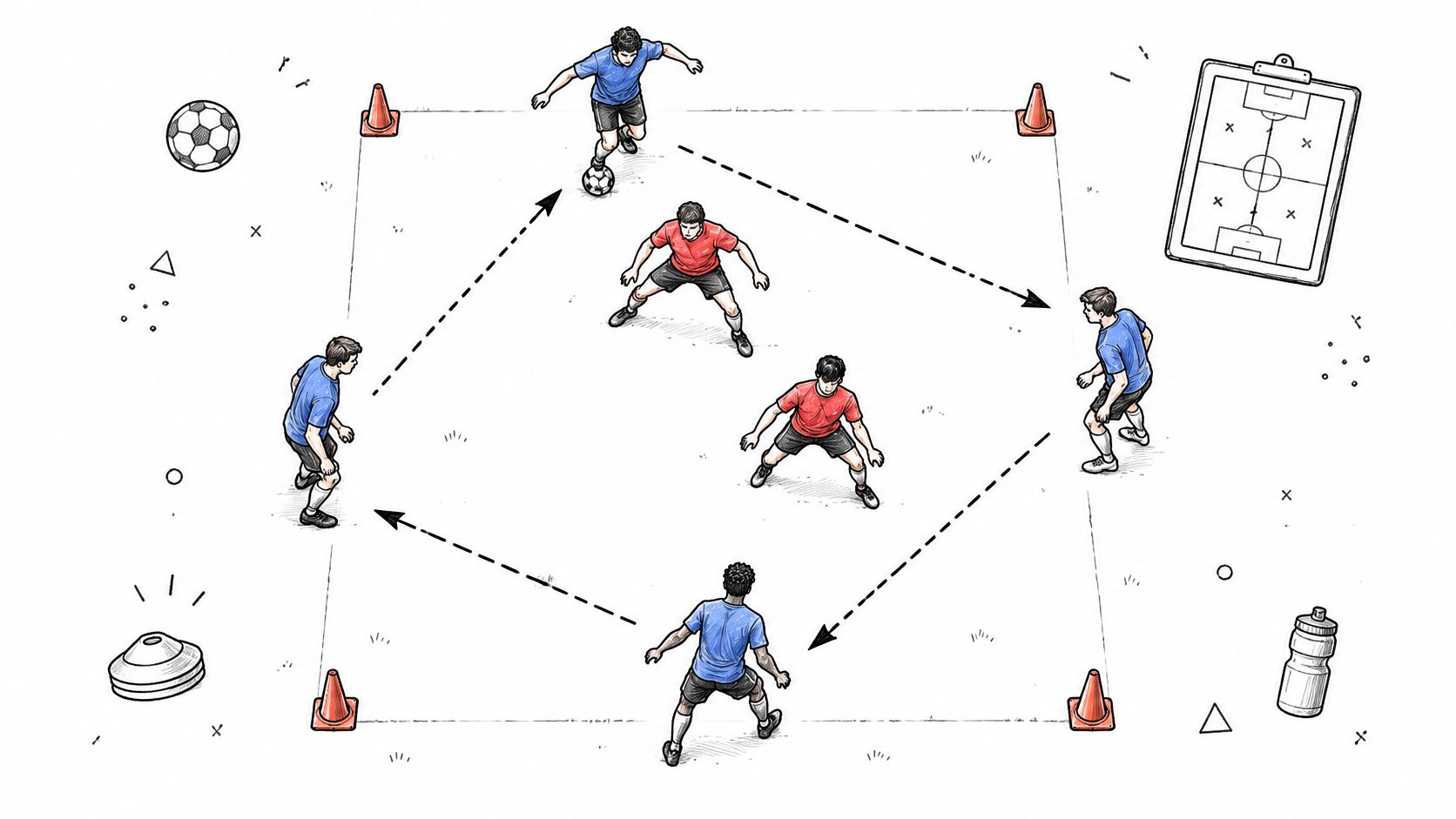 A diagram illustrating a soccer drill with players in blue and red shirts passing inside a marked area.