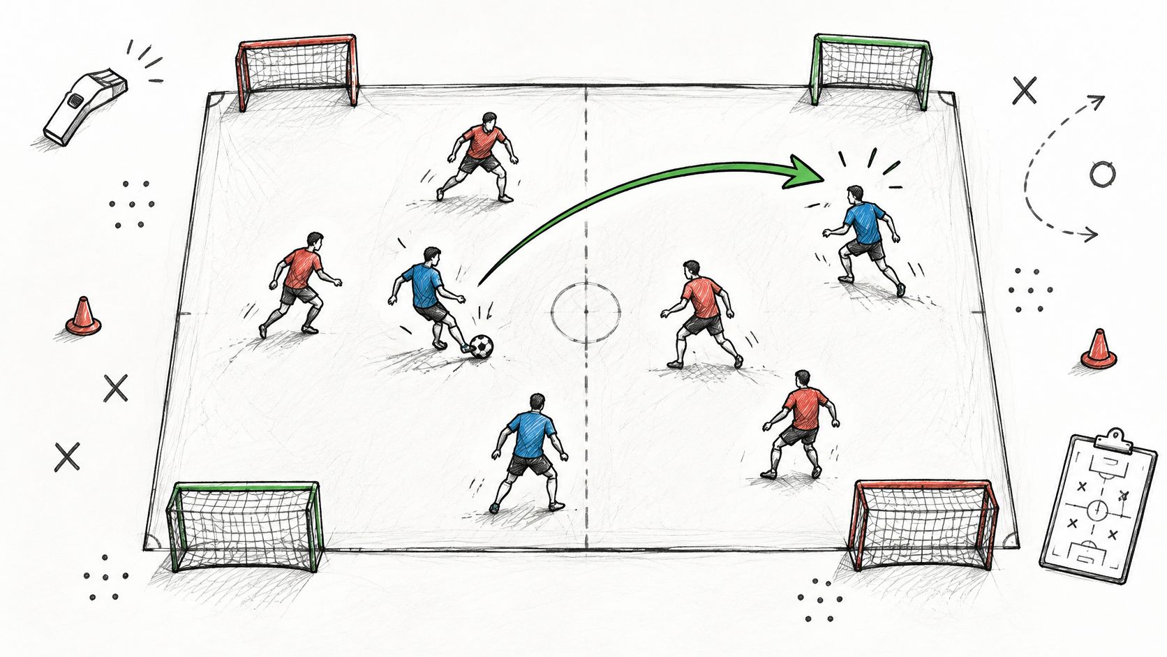 A conceptual illustration of a small-sided football game with players on a field with goals.
