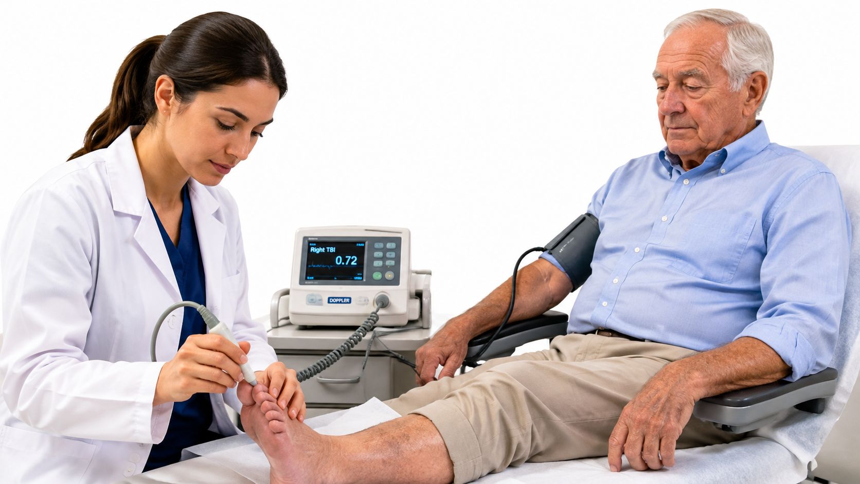 A healthcare professional using a Doppler device to examine a patient's foot for medical testing purposes.