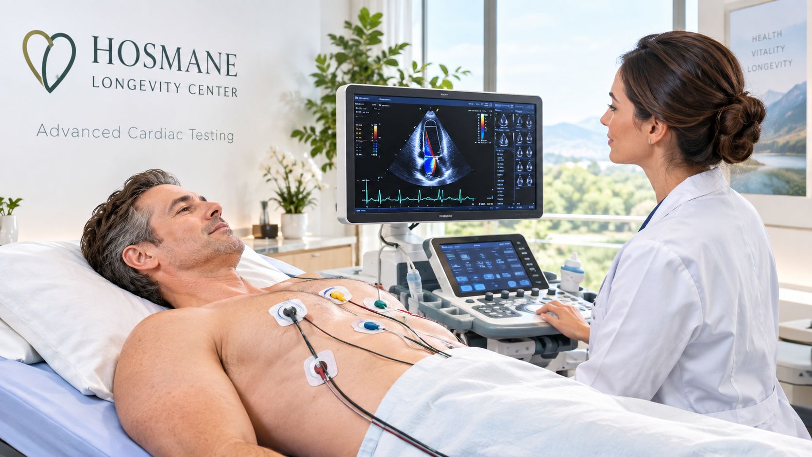 A male patient lying on an exam table while a female cardiologist performs an echocardiogram cardiac test.