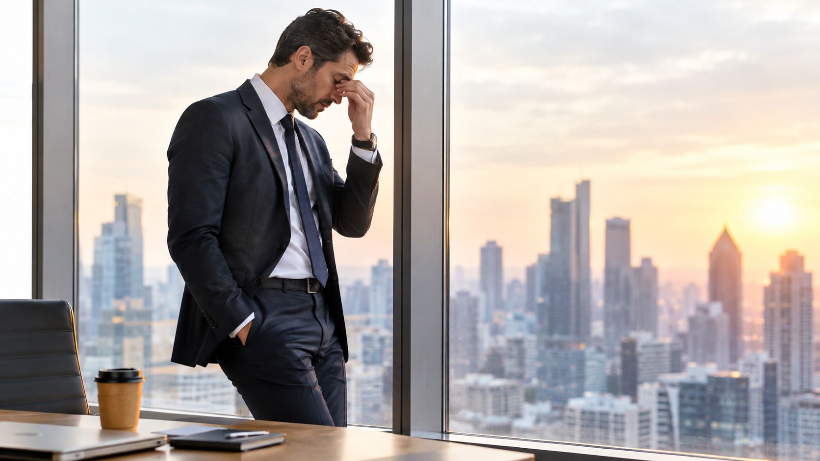 A stressed businessman in a suit stands by an office window overlooking a city at sunset.