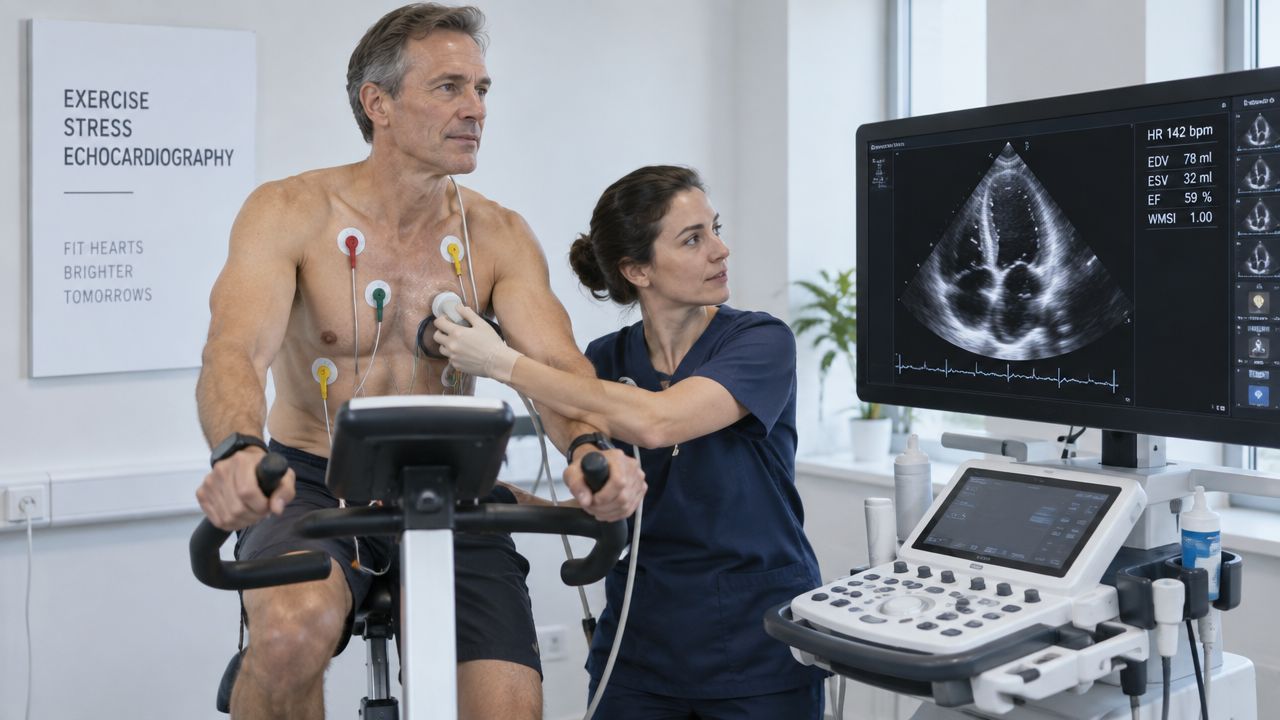 A medical professional performing an echocardiogram on a male patient during a cardiac stress test on a bike.