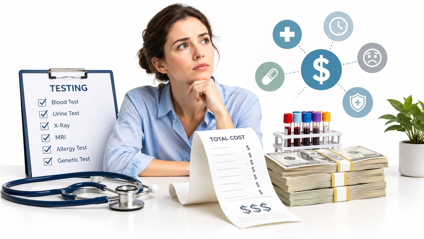 A concerned woman sitting at a desk with medical test records, cash, and a stethoscope.