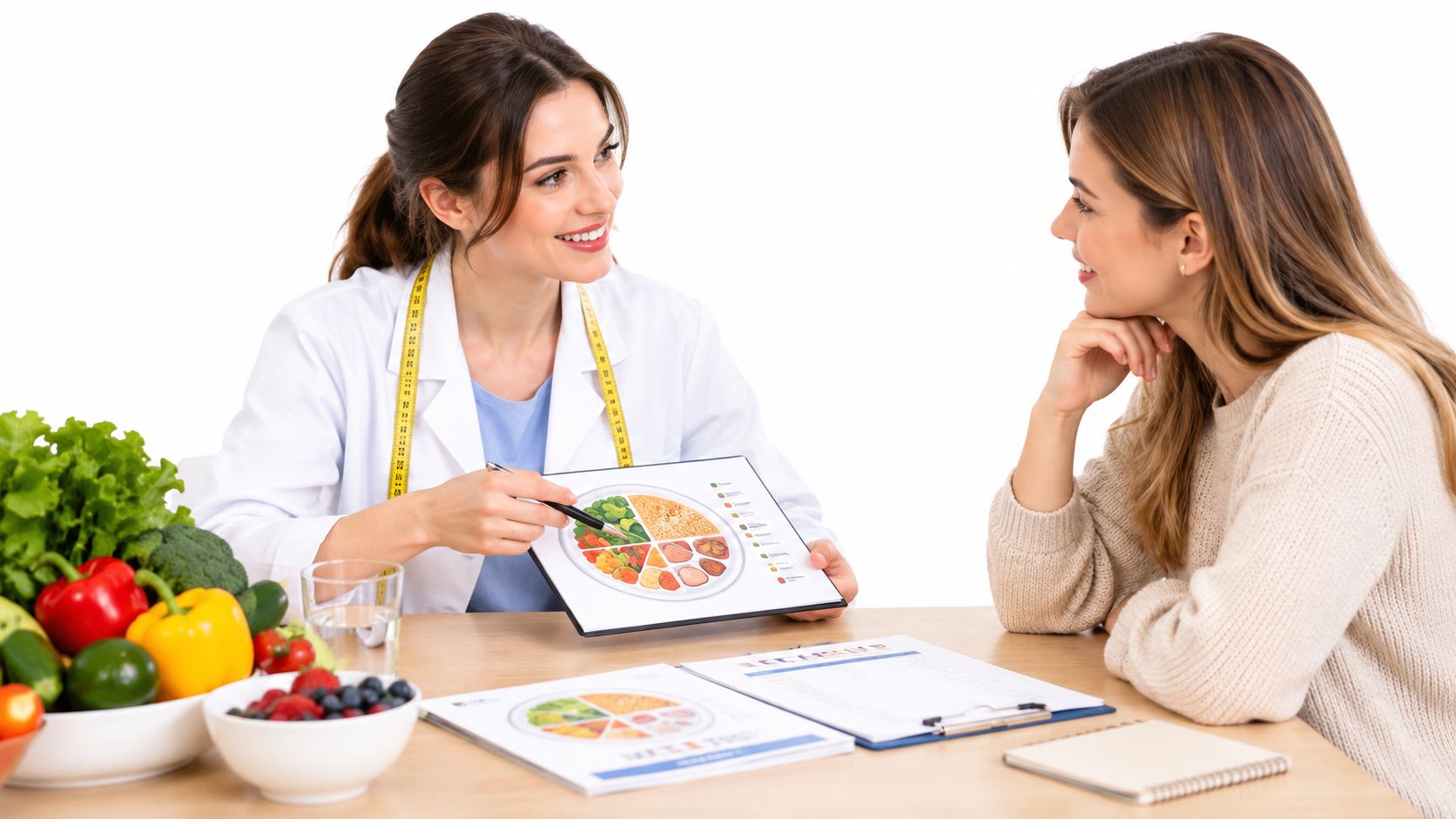 A nutritionist explaining a healthy food plate chart to a female patient in a professional office.