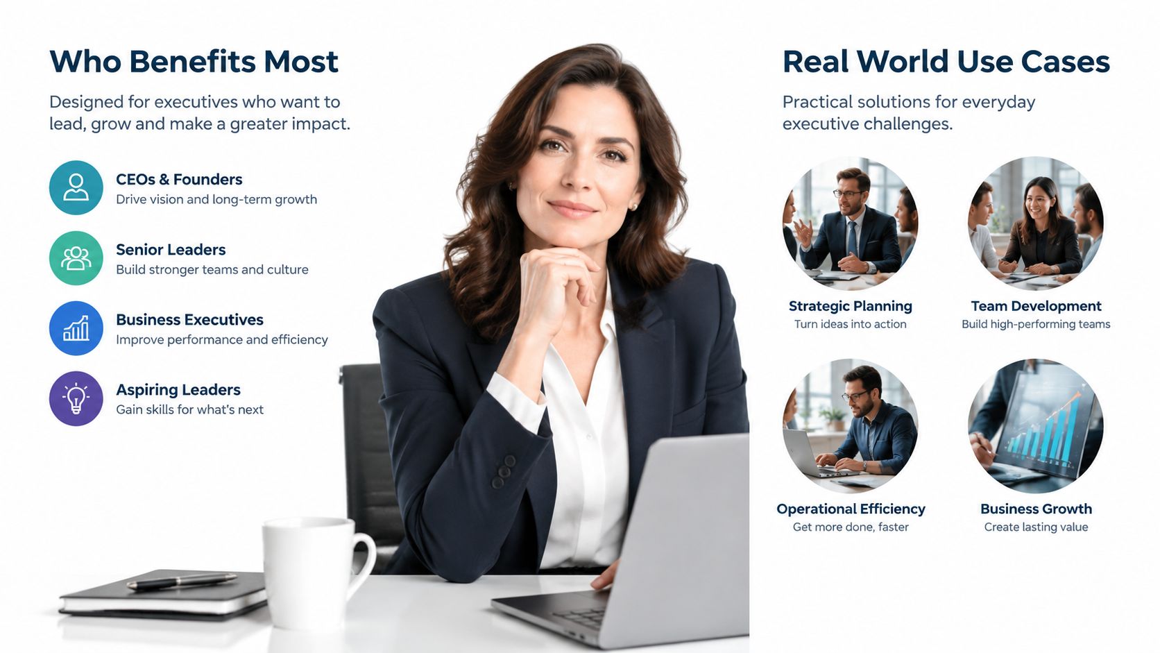 A professional woman in a business suit sitting at a desk with a laptop and coffee mug.