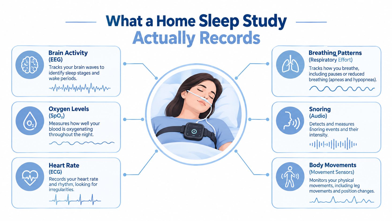 A diagram illustrating the six physiological measurements recorded during a home sleep apnea study for diagnostic purposes.