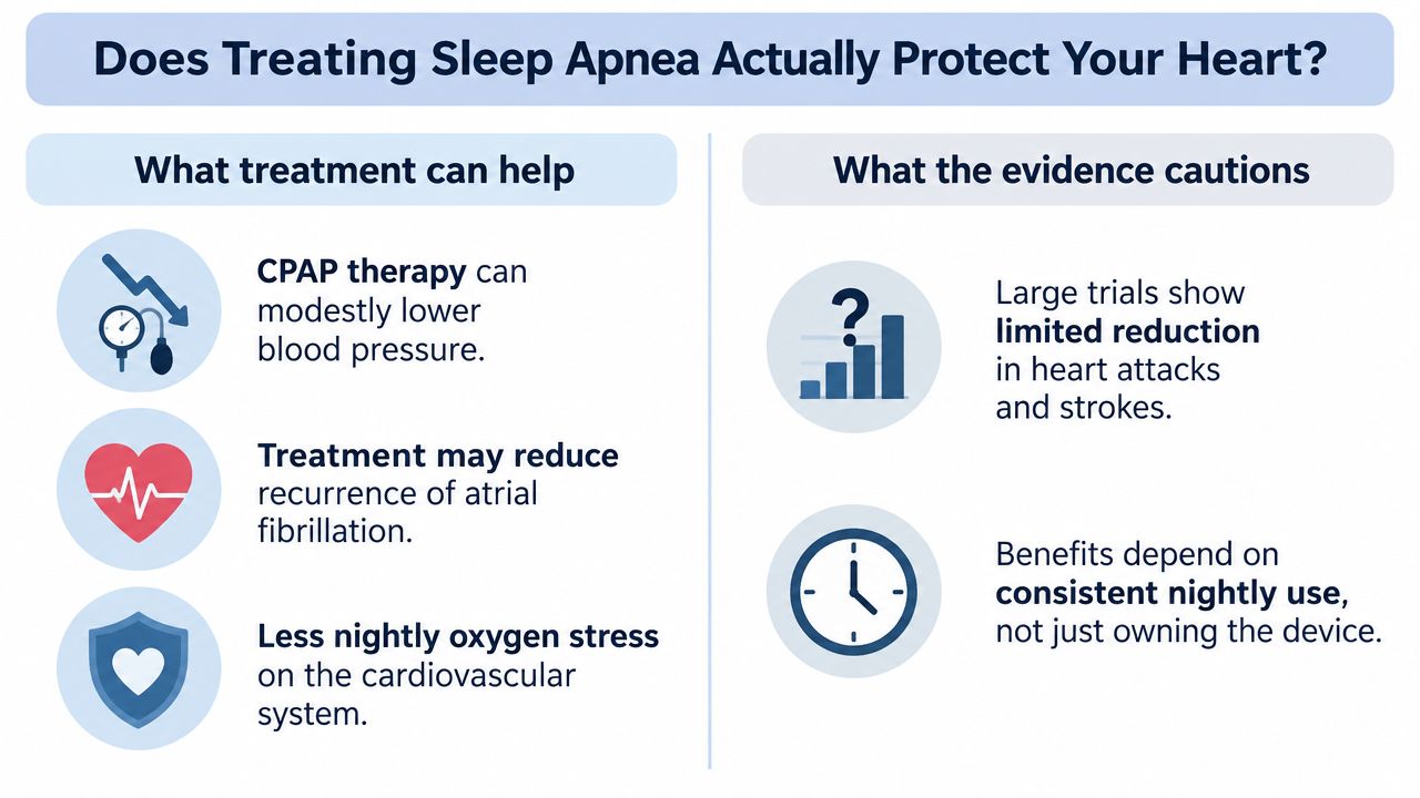 An infographic titled Does Treating Sleep Apnea Actually Protect Your Heart comparing treatment benefits and evidence.