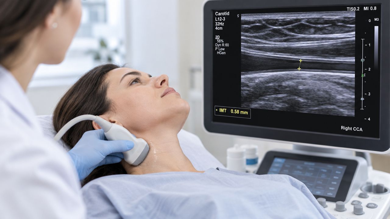A medical professional performs a carotid ultrasound scan on a patient to check vascular health in a clinic.