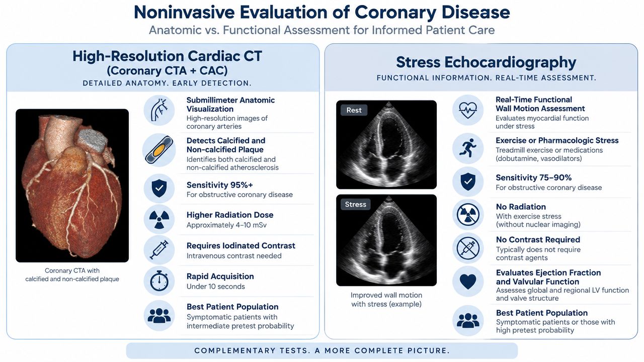 A comparison infographic between High-Resolution Cardiac CT and Stress Echocardiography for noninvasive evaluation of coronary artery disease.