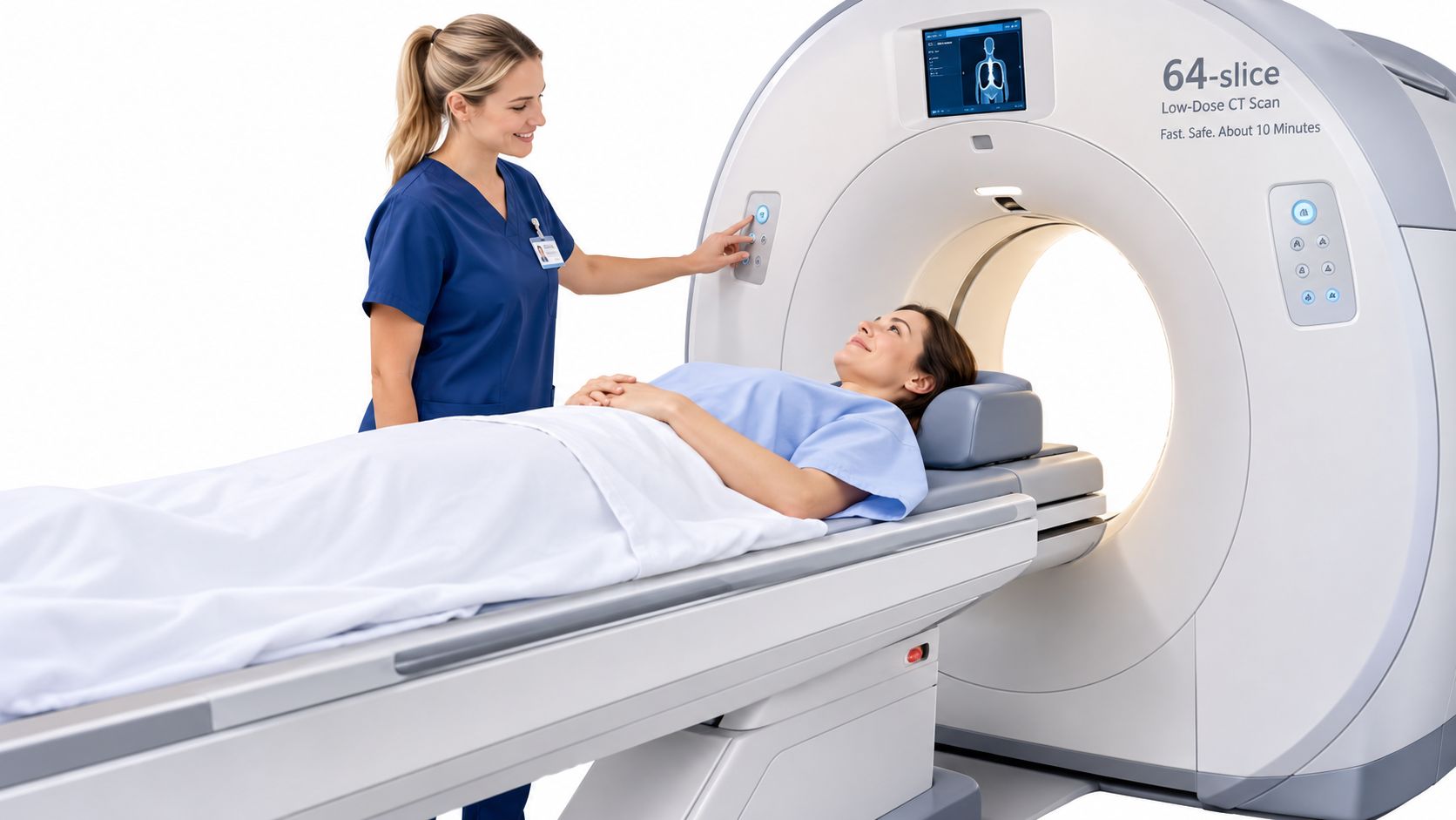 A friendly female nurse operating a modern 64-slice CT scanner with a patient lying on the table.