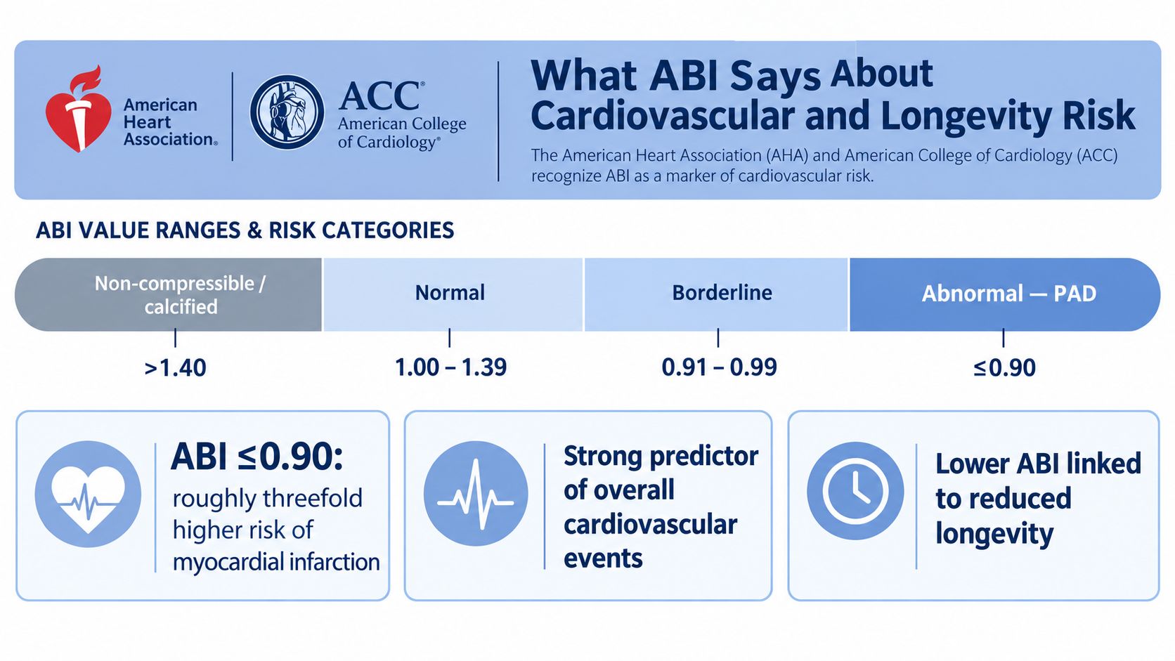 An infographic showing Ankle Brachial Index (ABI) ranges and their associated cardiovascular and longevity risk categories.