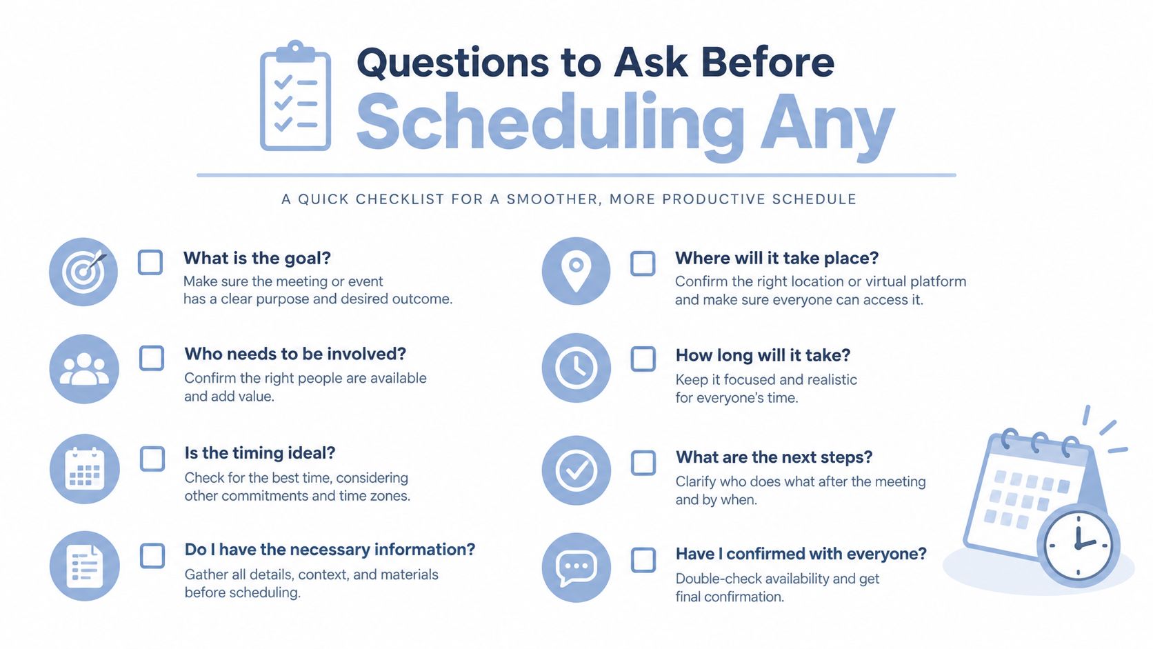 A checklist infographic titled Questions to Ask Before Scheduling Any for a more productive meeting schedule.