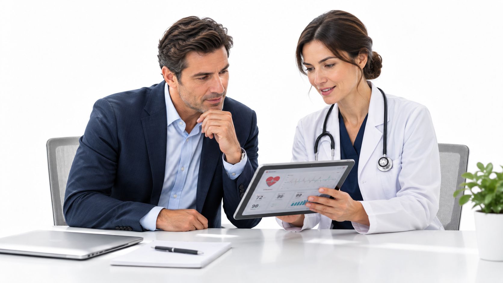 A female doctor in a lab coat reviews medical data on a tablet with a male patient.