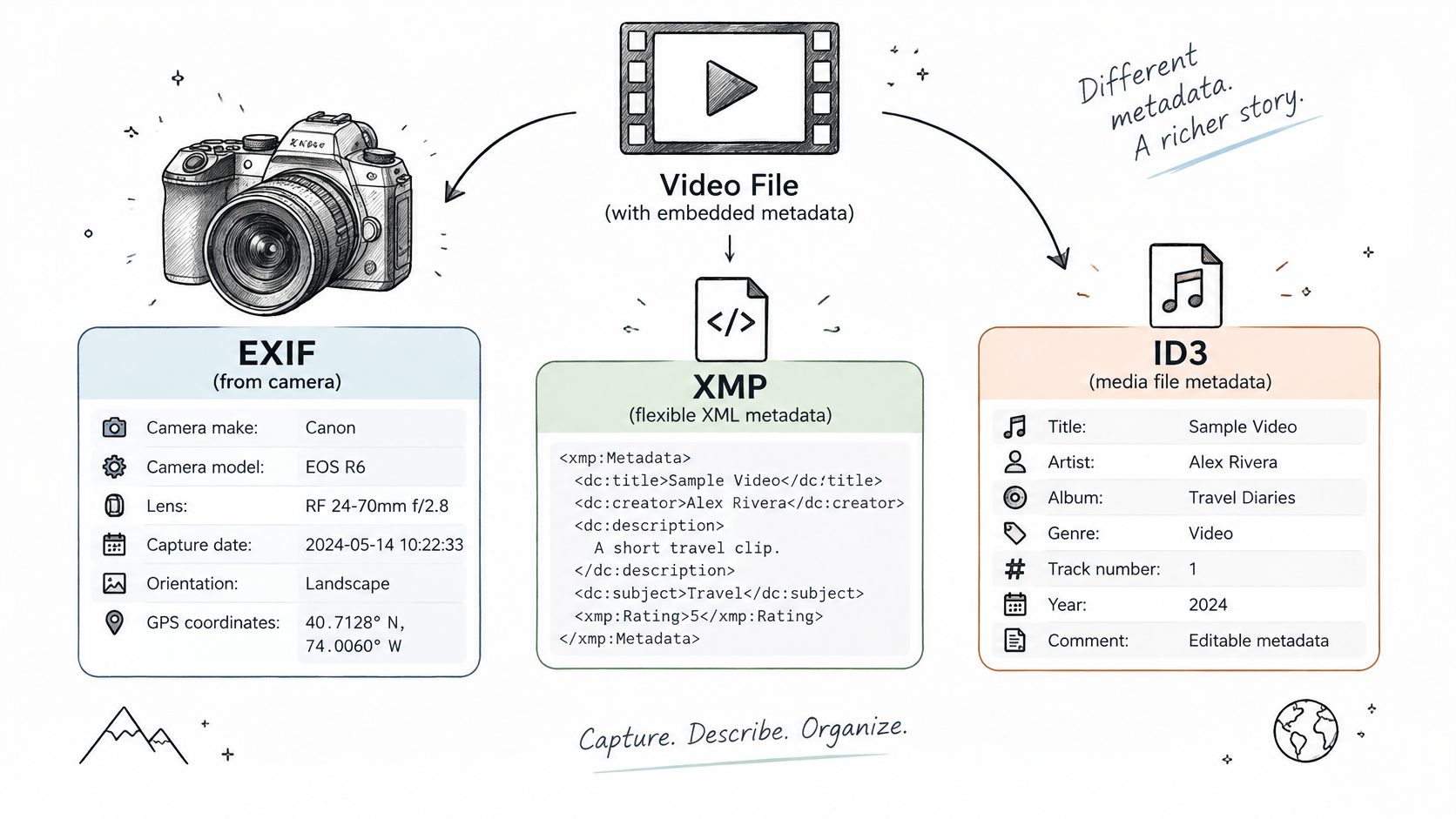 An infographic showing the different types of video metadata including EXIF, XMP, and ID3 data formats.
