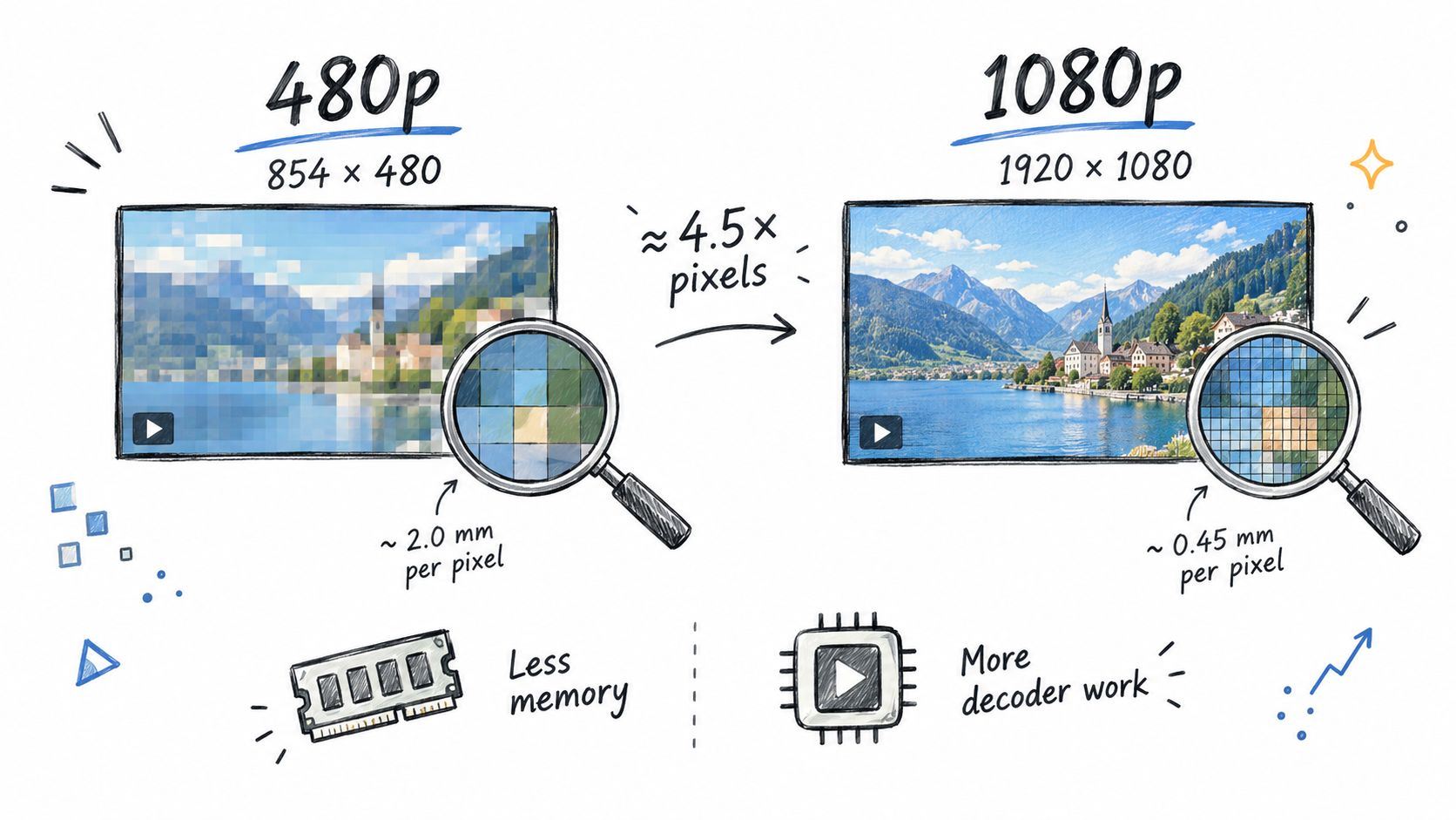 An infographic comparing 480p and 1080p resolutions, showing pixel density differences, memory usage, and processor decoding requirements.