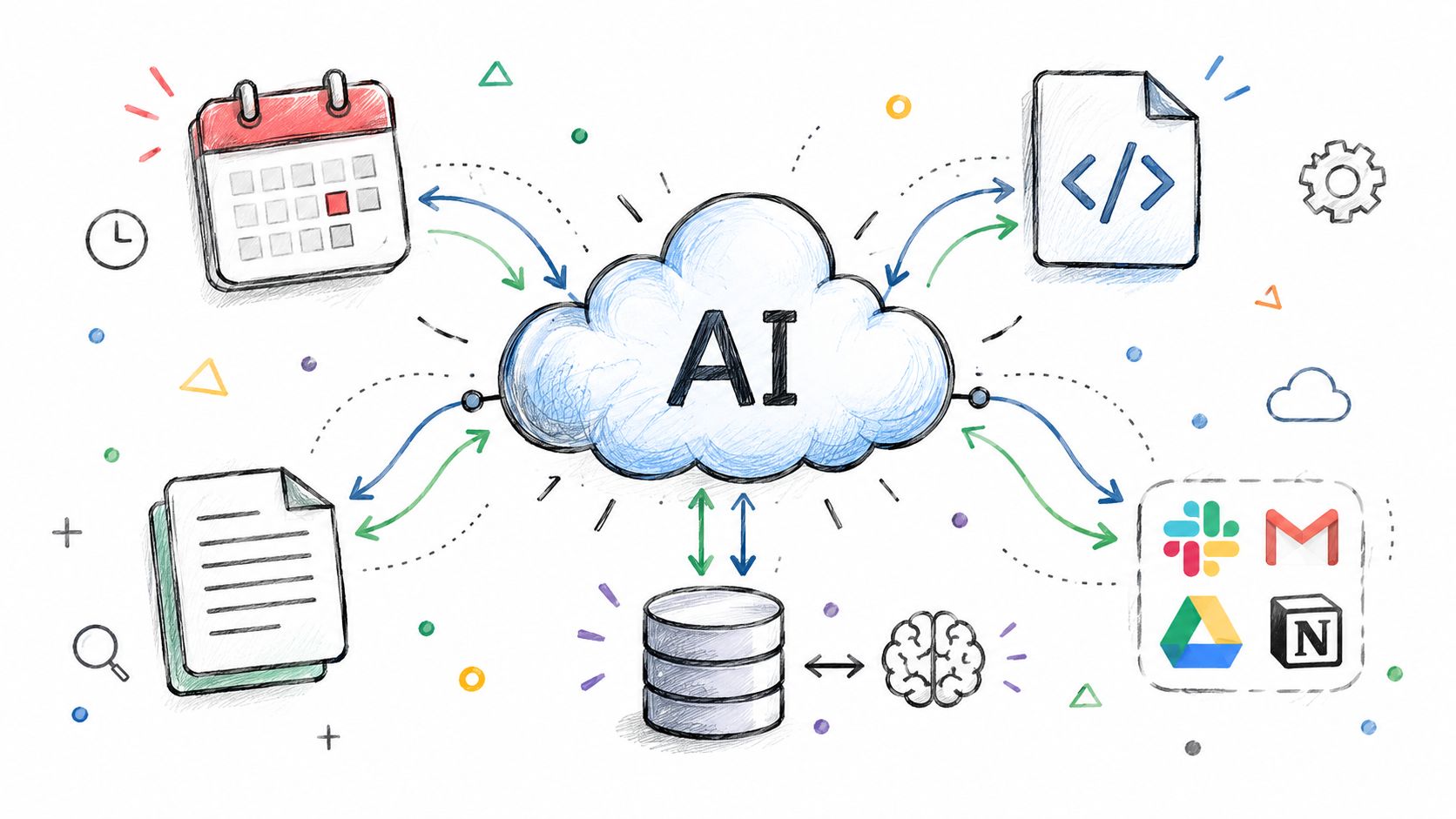 A hand-drawn illustration depicting a cloud-based AI system connecting to various digital tools, calendars, and databases.