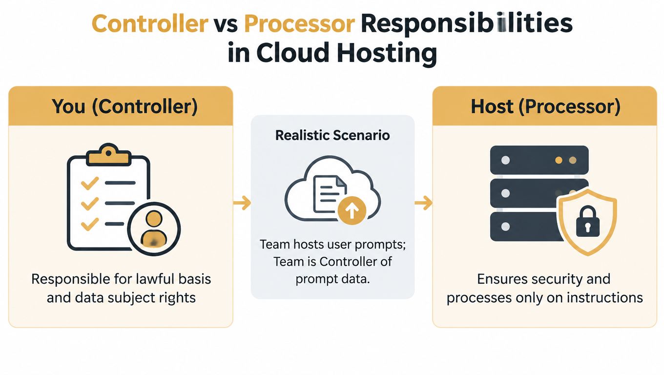 A diagram comparing the roles and responsibilities of a data controller versus a data processor in cloud hosting.