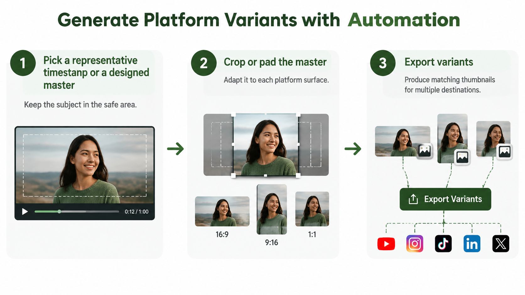 An infographic showing a three-step process for generating automated video thumbnail variants for social media platforms.