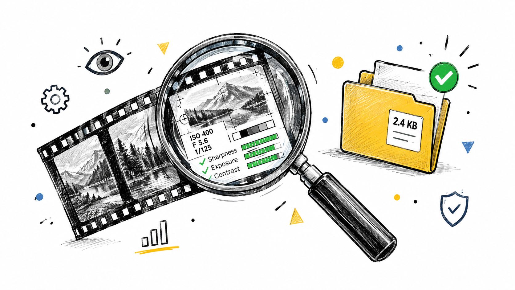 A magnifying glass inspecting a film strip containing a landscape photo next to a folder with file information.