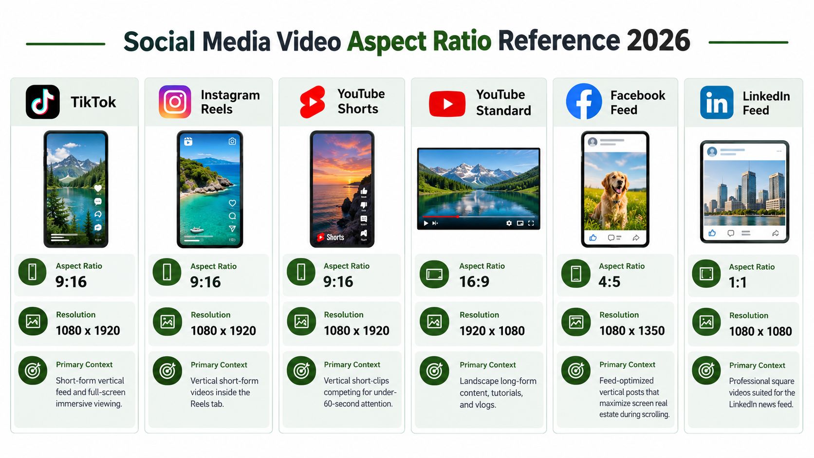 A comprehensive guide comparing the recommended video aspect ratios and resolutions for major social media platforms.