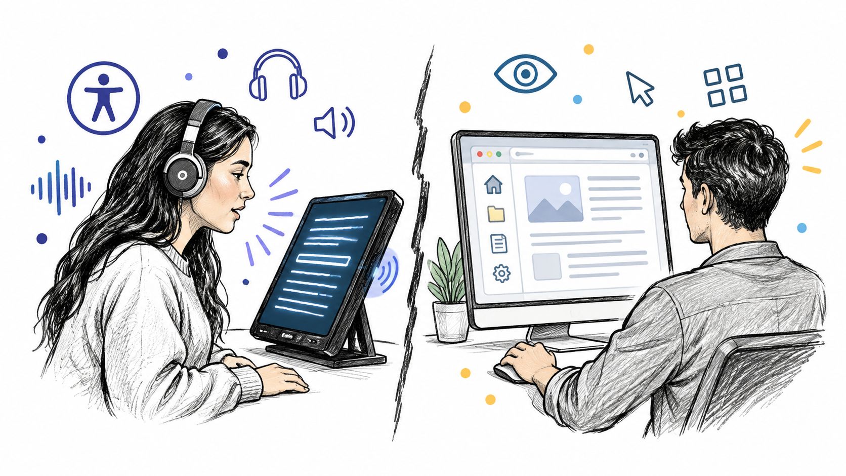 A split illustration showing a woman using accessibility tech and a man using a desktop computer interface.
