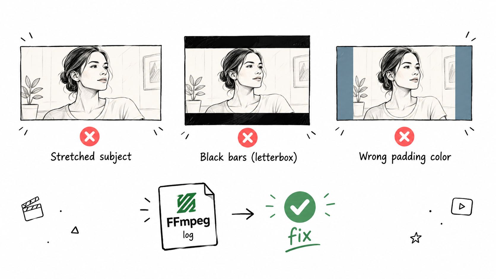 An illustration showing common video aspect ratio errors and the solution using FFmpeg log to fix them.