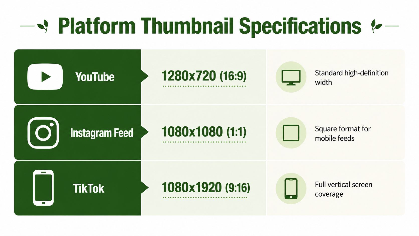 A chart showing standard thumbnail size and aspect ratio specifications for YouTube, Instagram, and TikTok platforms.