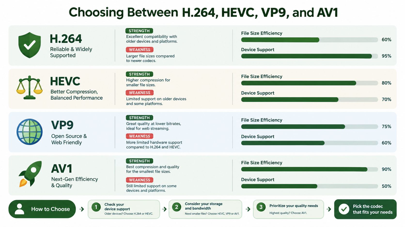 A comparison chart outlining the strengths, weaknesses, and device support efficiency of H.264, HEVC, VP9, and AV1 video codecs.