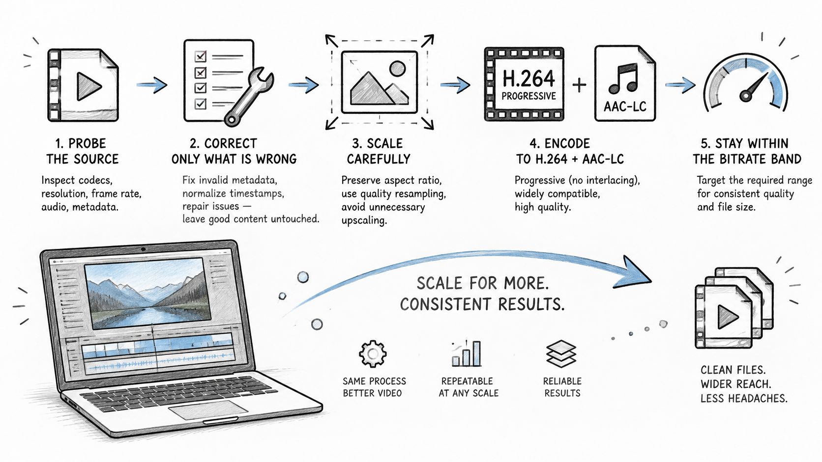 An infographic illustrating a five-step process for professional video compression to ensure high quality and compatibility.