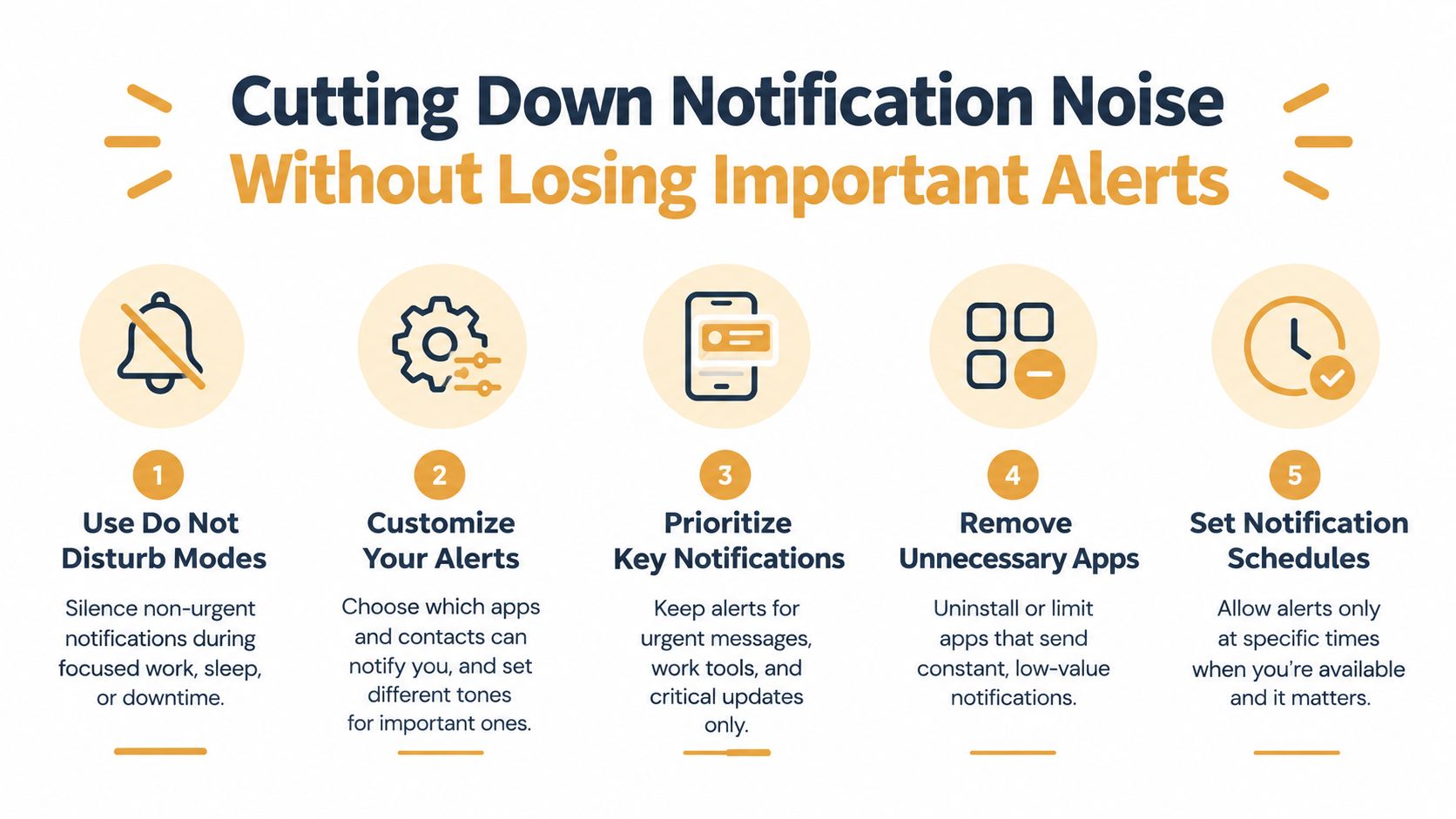 An infographic illustrating five actionable tips for reducing digital notification noise to maintain focus and productivity.