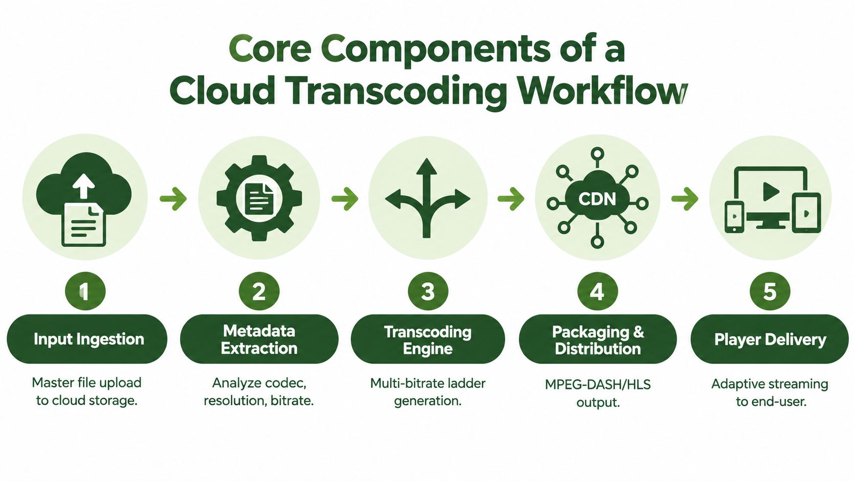 A five-step infographic showing the core components of a cloud-based video transcoding workflow from ingestion to delivery.