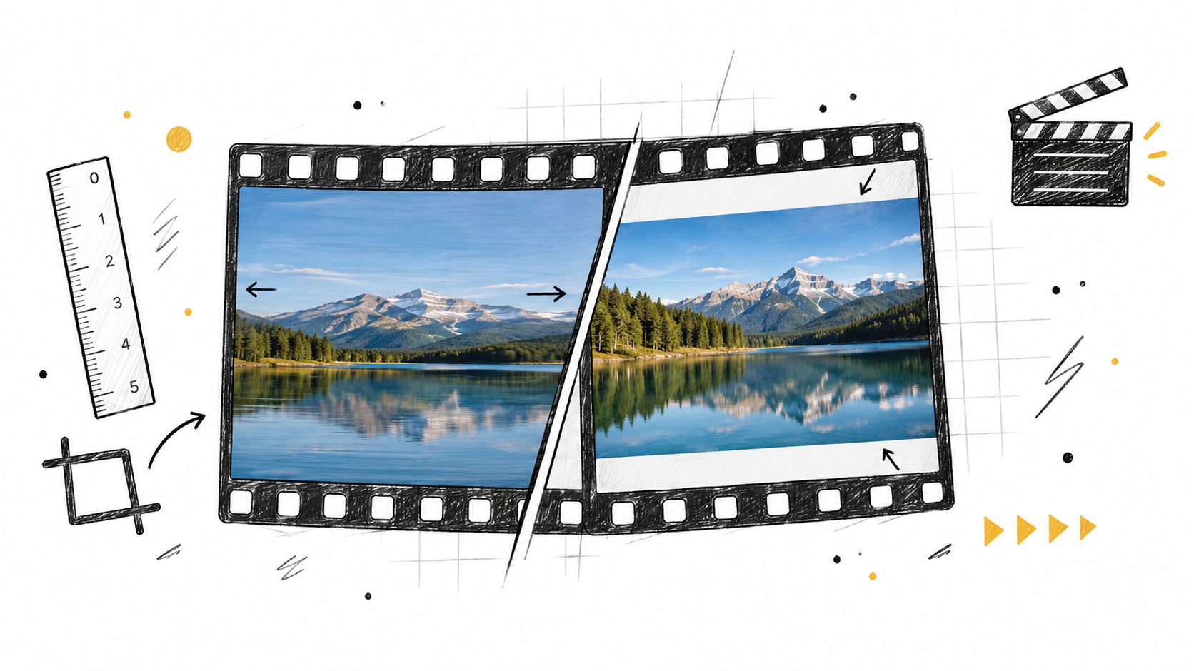 A creative illustration featuring film strips showing landscape photos with editing tools like rulers and clapperboards.
