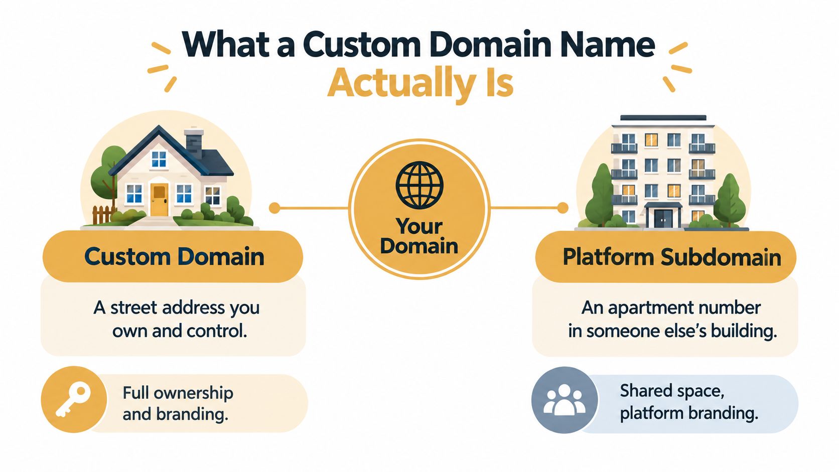 An infographic comparing a custom domain to a house and a platform subdomain to an apartment.