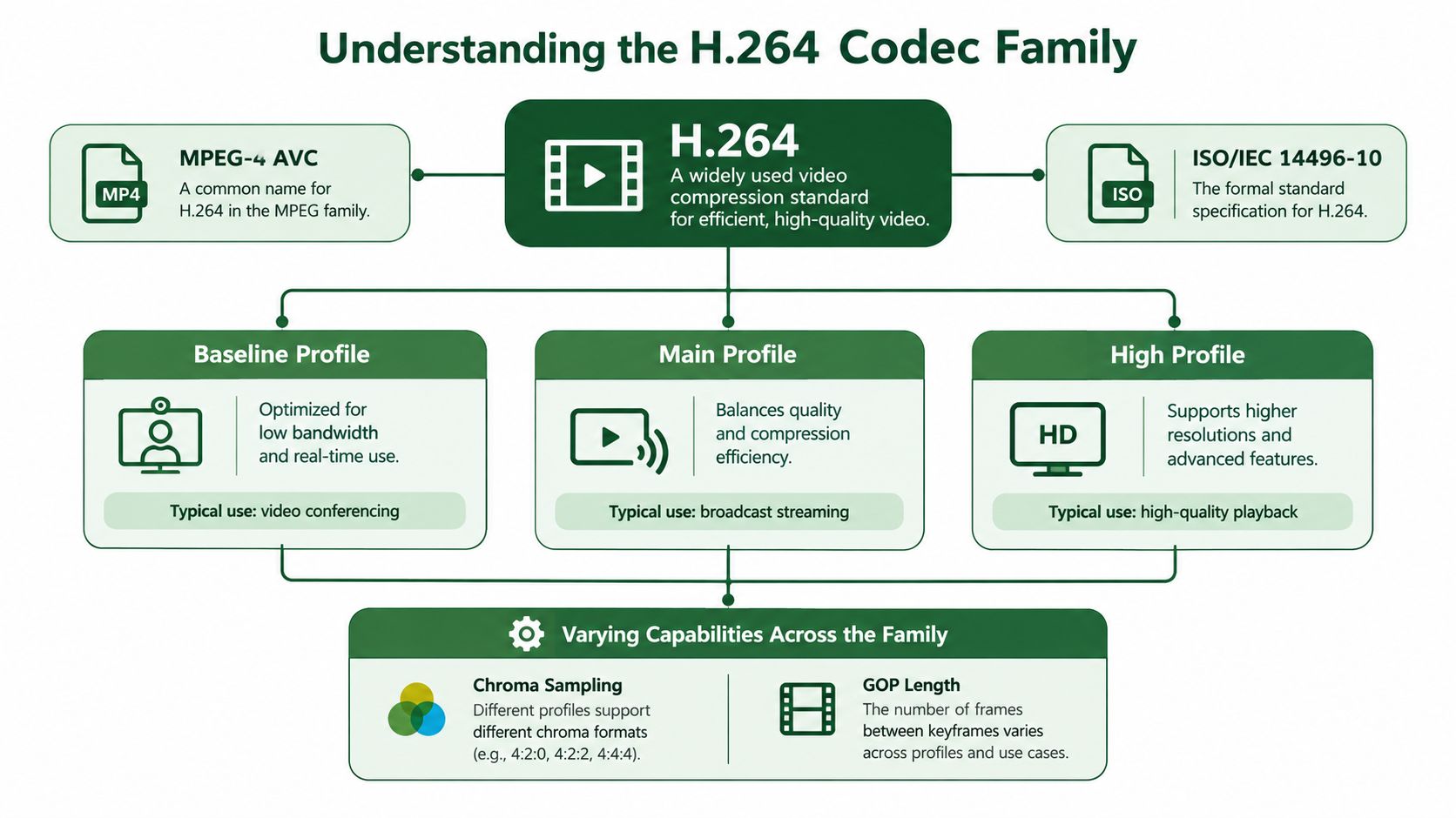 An infographic titled Understanding the H.264 Codec Family, illustrating its profiles, typical uses, and varying technical capabilities.