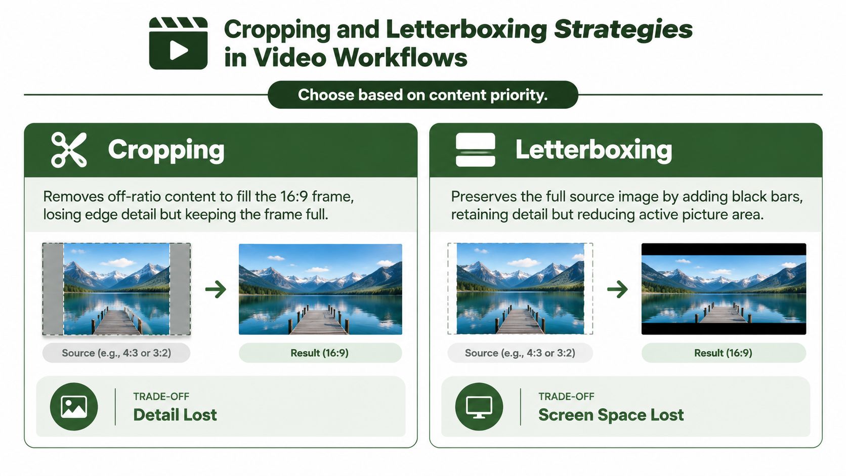 An infographic comparing cropping and letterboxing techniques for adapting video content into a 16:9 aspect ratio.
