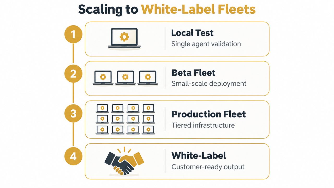 A four-step infographic illustrating the process of scaling AI agents from local testing to white-label deployment.