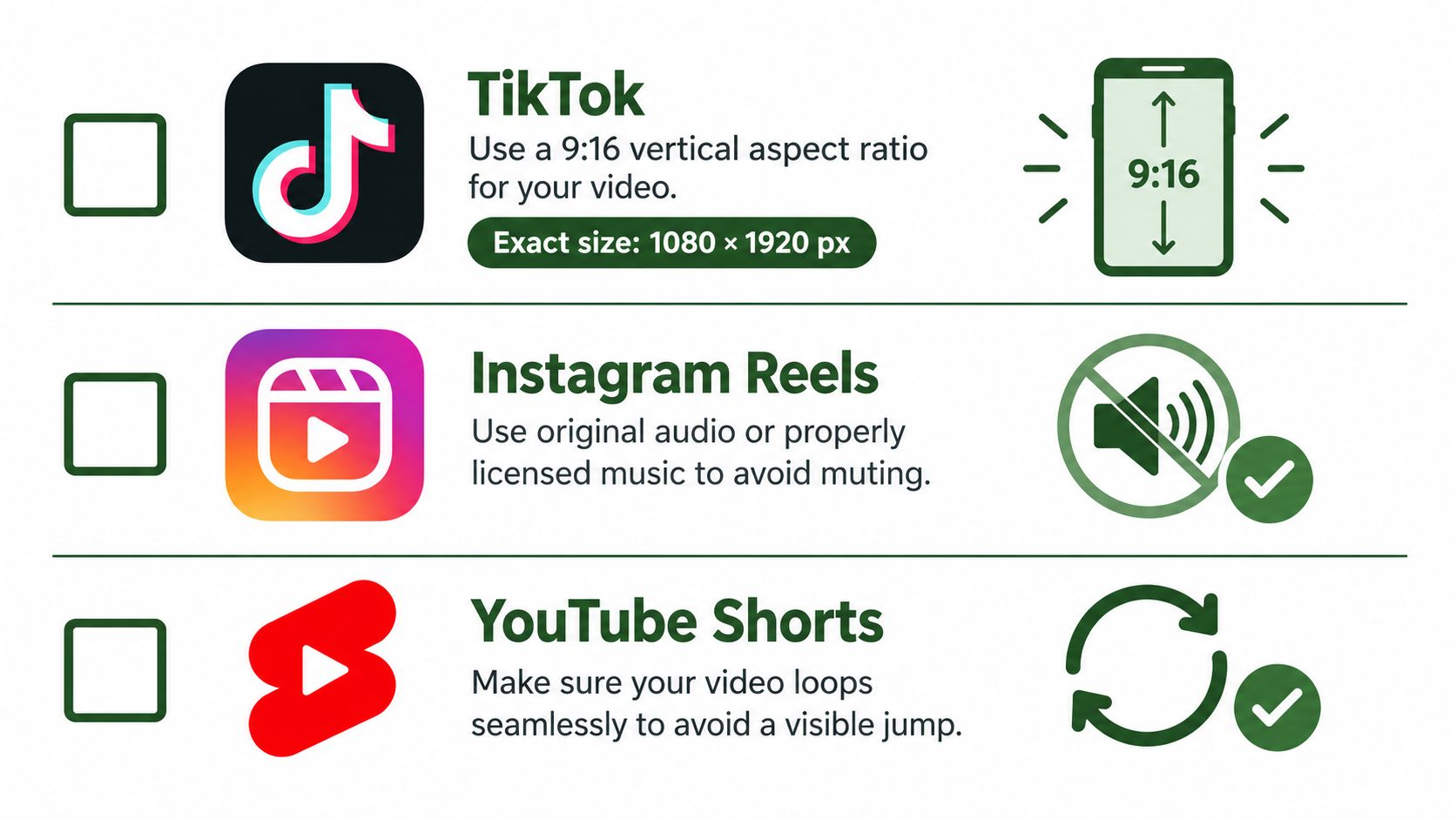 A checklist infographic illustrating video requirements for TikTok, Instagram Reels, and YouTube Shorts social media platforms.