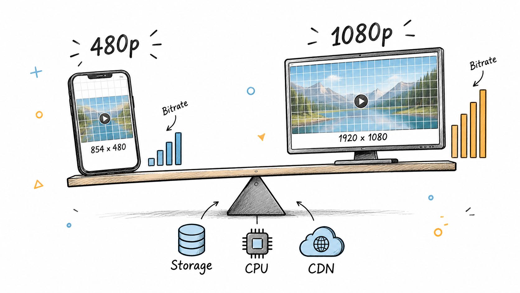 A conceptual diagram illustrating the differences between 480p and 1080p video resolutions regarding bitrate, storage, CPU, and CDN.