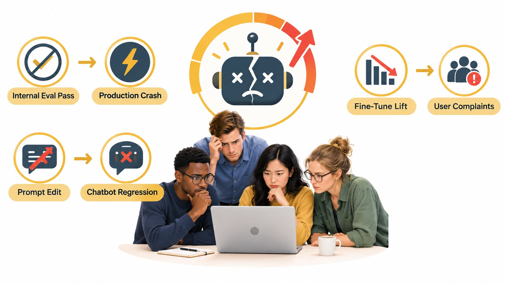 A diverse team of professionals looking concerned at a laptop while discussing AI model evaluation issues.