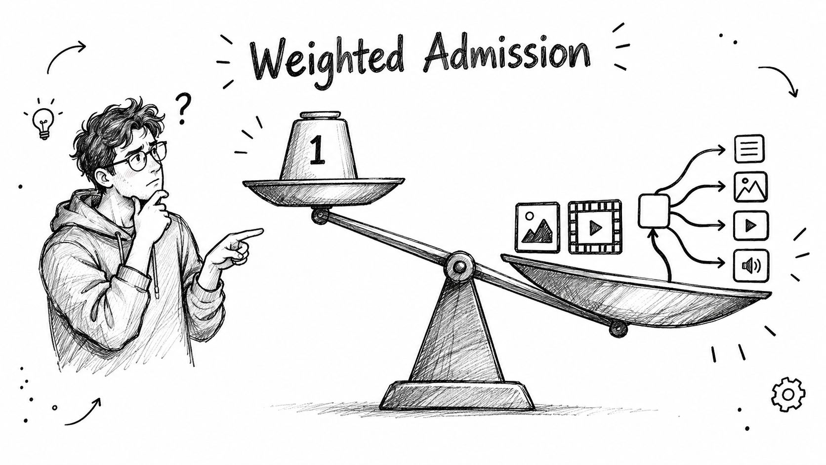 A person contemplating a weighted scale balancing a weight against various media format icons in digital processing.