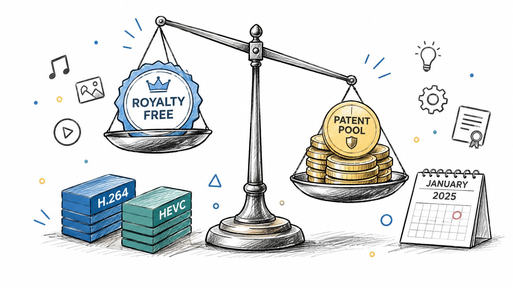 A conceptual scale balancing a royalty-free emblem against a stack of gold coins representing a patent pool.